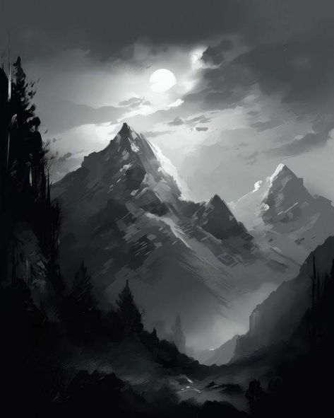 Caucasian Mountains, Peace Landscape, Monotone Art, Monochrome Landscape, Monochromatic Painting, Dark Mountains, Monochrome Painting, Monochromatic Art, Dark Paintings