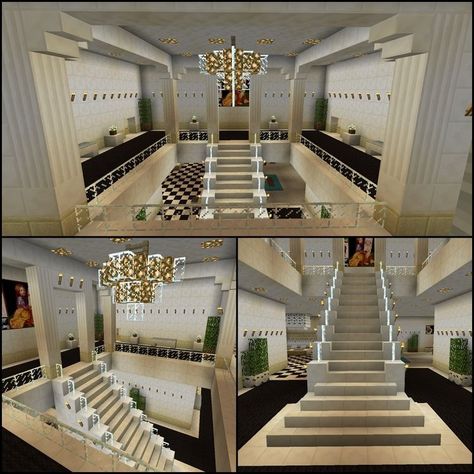 Minecraft Grand Staircase Design, Minecraft Hotel Ideas, Minecraft Hotel Interior, Minecraft Stairs Staircases, Minecraft Glass House, Staircase In Minecraft, Minecraft Hotels Ideas, Stairs In Minecraft, Minecraft Spiral Staircase