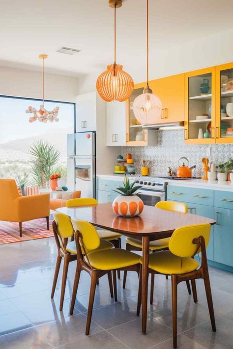 Yellow Chairs, Mcm Kitchen, Bohemian Twist, Eclectic Dining, Eclectic Kitchen, Orange Kitchen, Dining Room Colors, Mid Century Modern Kitchen, Mid Century Kitchen