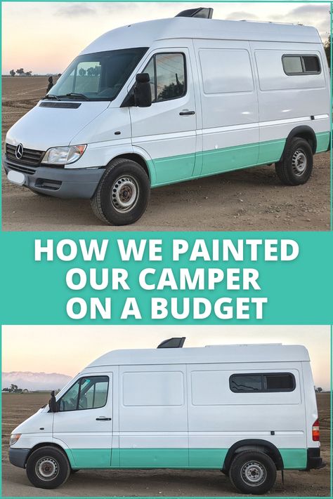 Our trip across the US took a toll on our Sprinter's paint, so we decided to DIY a custom two-tone paint job using an electric spray gun. We refreshed the van at only a fraction of the cost compared to taking it to a professional shop and we couldn't be happier with the result. Despite the material shortages lately, we were able to paint the whole van for less than $400 USD in just a couple of weekends. Campervan Paint Job, Van Paint Jobs Ideas, Campervan Exterior Paint Ideas, Van Paint Jobs, Van Exterior Paint Ideas, Van Painting Ideas, Diy Painted Vans, Bedliner Paint Job, 15 Passenger Van