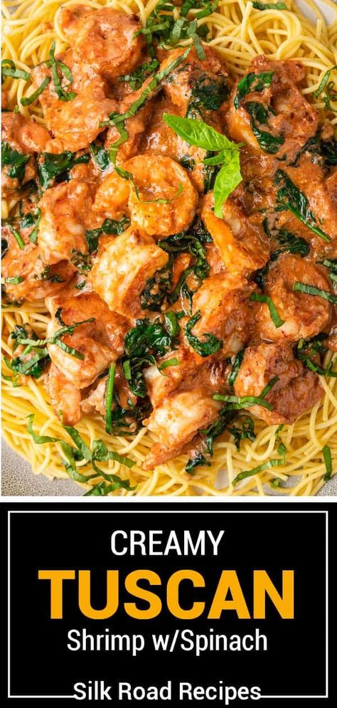 This sensational recipe for Tuscan shrimp features succulent prawns and tender spinach in a creamy, sun-dried tomato sauce. Tuscan Shrimp Pasta, Shrimp Spinach, Tuscan Shrimp, Crab And Shrimp, Sun Dried Tomato Sauce, Linguine Recipes, Homemade Flatbread, Creamy Crab, Indian Butter Chicken