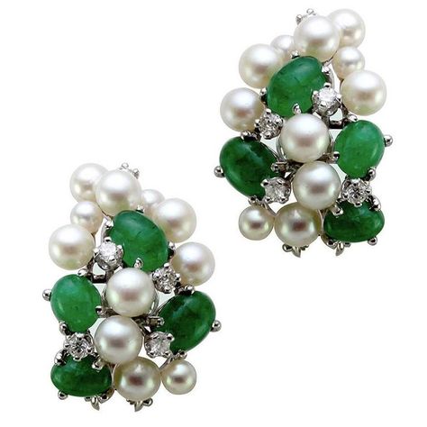 Pearl Emerald Gold Cluster Earrings with Diamond Accents White Gold Pearl Earrings, Pearl Cluster Earrings, Earrings White Gold, Fancy Jewelry Necklace, Diamond Cluster Earrings, Nouveau Jewelry, White Pearl Earring, Pearl Jewellery, Pearl Cluster