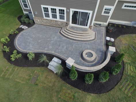 Landscape Around Concrete Patio Backyard Ideas, Patio Trim Landscape, Front Patio Concrete Ideas, Paver Patio Herringbone, Patio Next To Fence, Patio Off Of House, Pavers For Backyard Patio, Backyard Patio Designs With Steps, Stone Around Patio