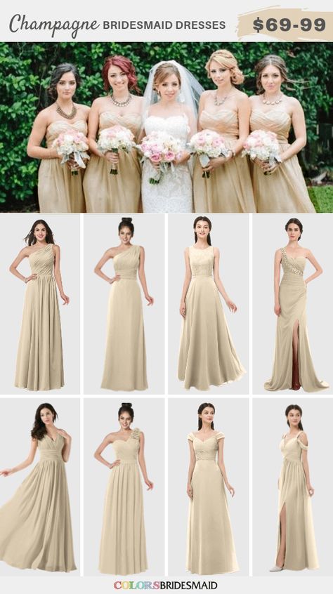 ColsBM champagne bridesmaid dresses Bridesmaid Dresses Cream, Khaki Groom, Champagne Gold Bridesmaid Dresses, October Wedding Colors, Cream Bridesmaids, Cream Bridesmaid Dresses, Inexpensive Bridesmaid Dresses, Groom And Groomsmen Suits, Dress Websites