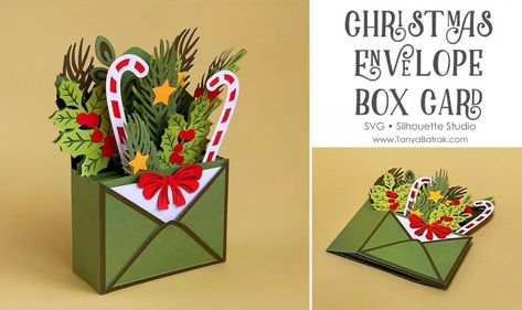 Christmas Envelope Box Card Envelope Box Card, Pop Up Christmas Cards, Box Cards Tutorial, Christmas Envelope, Scrapbook Box, Fancy Fold Card Tutorials, Christmas Envelopes, Boxed Christmas Cards, Envelope Box