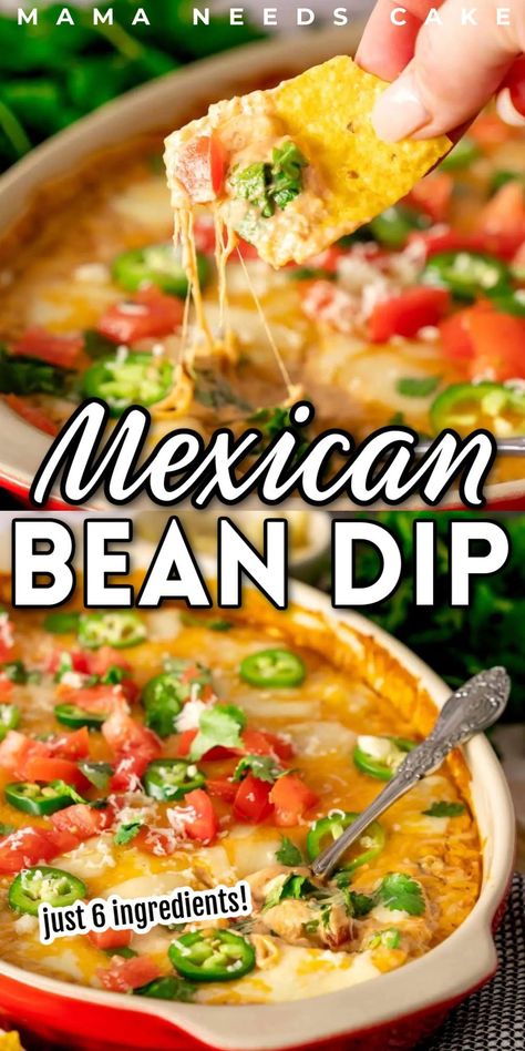 This six-ingredient Hot Mexican Bean Dip is a tasty party dip that is made with refried beans, a mixture of melted cheese, and jalapeno peppers. Refried beans, cream cheese, Monterey Jack cheese, and a few other simple ingredients are mixed together and topped with tomatoes, sliced jalapenos, and cilantro. This recipe is the perfect dip you will absolutely love! Check out this flavorful, mouthwatering recipe and enjoy it! Hot Bean Dip, Bean Cheese Dip, Mexican Bean Dip, Mexican Dip Recipes, Refried Bean Dip, Layered Bean Dip, Mexican Dips, Refried Beans Recipe, Bean Dip Recipes