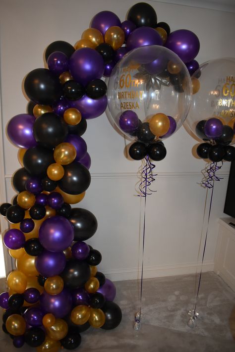 #balloonarch #organicballoonarch #organicballoongarland #balloons #heliumballoons #stylishballoons #partyballoons #balloondecor #featureballoons #balloondisplays #blackgoldandpurpleballoons #balloondisplay #balloonideas Purple Gold Black Party, Purple Gold And Black Birthday, Purple Black And Gold Balloon Arch, Black Dark Purple Rose Gold Balloons, Purple And Black Balloons, Purple Party Decorations, Gold Party Decorations, Gold Backdrop, Purple Party