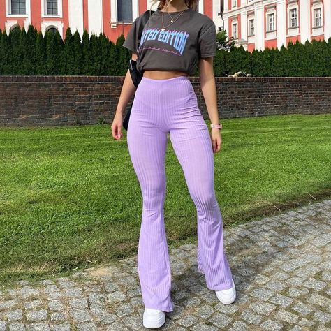 97d0145823aeb8ed80617be62e08bdccdesc52729456ri Knitted Flare Pants, Pants Outfit Fall, Flare Legging, Purple Pants, Harajuku Streetwear, Tights And Boots, Yoga Pants Outfit, Bell Bottom Pants, Flare Trousers