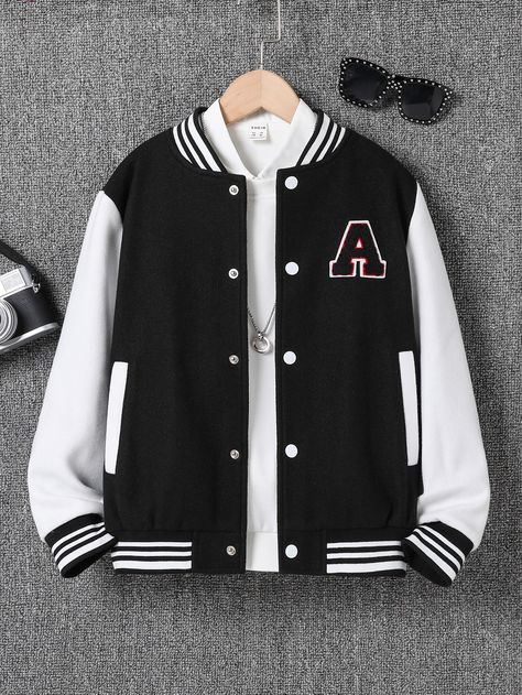 Black and White Preppy Collar Long Sleeve Tweed Letter,Striped Bomber Embellished Non-Stretch  Boys Clothing Boys Jacket Fashion, Letter Man Jacket, Stylish Boy Clothes, School Blazer, Stylish Hoodies, Baseball Varsity Jacket, Mens Outfit Inspiration, Easy Trendy Outfits, Cute Jackets