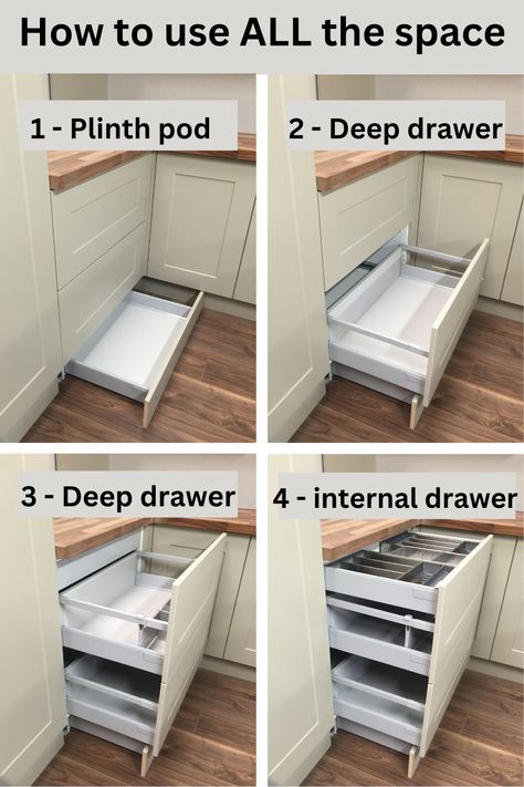 Every inch of space in this 800 wide base unit has useful storage. Starting from the bottom we have installed a Plinth Pod in the space under the unit. The Plinth Pod has kick to open and has soft close. Then there are 2 x deep Blum Tandembox Antaro drawers with soft close. Finally, in the space above the upper deep drawer we have installed an internal shallow Tandembox with soft close. this is kitted out with the stainless steel Orga Line Cutlery and utensil insert. Visit the website for more. Space Saving Ideas For Kitchen, Drawer Makeover, Kitchen 2025, Campervan Furniture, Drawers Ideas, Kitchen Gadgets Organization, Deep Drawer Organization, Cooking Utensil Organization, Kitchen Drawer Dividers