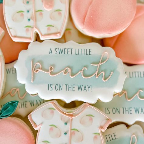 Baby Shower Cookies | Sweet Peach A Little Peach Is On The Way, Sweet Little Peach Baby Shower Ideas, Little Peach Baby Shower Ideas, Peaches Baby Shower Theme, Baby Shower Peach Theme, Sweet Peach Baby Shower Theme, Sweet As A Peach Baby Shower Ideas, Peach Themed Baby Shower Ideas, Peach Baby Shower Theme