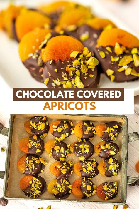 Dark chocolate covered apricots look impressive on any dessert tray or charcuterie board, but they are so easy to make. Ready in just minutes and made with simple ingredients, these chocolate apricots are sweet, salty, chewy, crunchy and chocolatey and the perfect snack any time of year! Chocolate Desert Board, Chocolate Covered Dried Fruit, Fruit And Chocolate Charcuterie Board, Chocolate Covered Fruit Ideas, Salty Snacks Healthy, Chocolate Dipped Apricots, Fruit Truck, Dessert Charcuterie Board, Chocolate Apricot