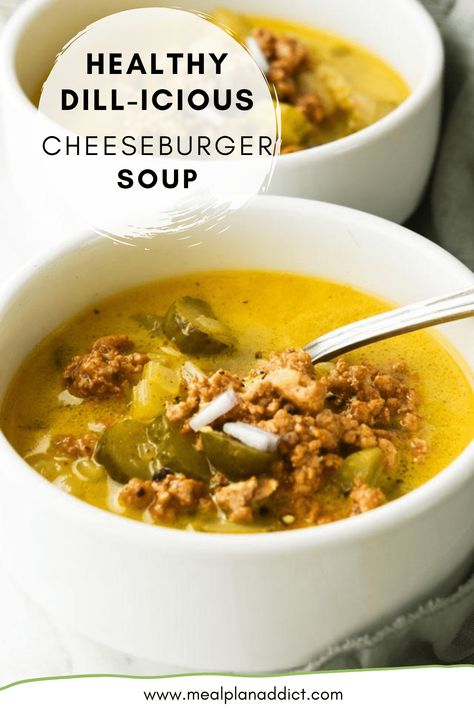 Healthy Dill-icious Cheeseburger Soup is my lightened up, Instant Pot version of cheeseburger soup. The dill pickles are definitely the co-star here. Haven’t done pickles in your soup yet? Just trust me and thank me later. #dillpickles #cheeseburgersoup #instantpotrecipe #mealplanaddict Cheeseburger Soup Healthy, Cheeseburger Soup Instant Pot, Cheeseburger Soup Slow Cooker, Cheeseburger Soup Crockpot, Budget Meal Prep, Dill Pickle Soup, Pickle Soup, Soup Instant Pot, Bacon Cheeseburger Soup