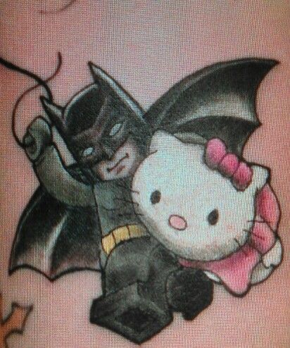 Kids Hello Kitty And Batman Couple, Batman And Hello Kitty, Batman Hello Kitty, Hello Kitty Batman, Batman Girl, Kitty Kisses, Batman Tattoo, Drawings For Boyfriend, Kitty Drawing