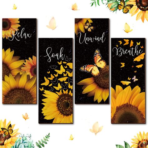 PRICES MAY VARY. What You Will Receive: you will get a set of 4 pieces of sunflower themed wooden hanging tags, each wooden sign is printed with a sunflower picture, and one side is printed with [Soak], [Relax], [Unwind], [Breathe], they can catch your eye easily Suitable Size for Bathroom: the size of the bathroom decor sets is about 25 x 10 cm/ 9.8 x 4 inches, the thickness is 0.5 cm/ 0.2 inches, and there are 4 panels in total; It not only does not take up space in your bathroom, but also dec Sunflower Bathroom Decor Ideas, Diy Sunflower Decor, Sunflower Decor Ideas, Henny Colada, Home Spa Decor, Painting Bathroom Walls, Breathe Sign, Sunflower Bathroom, Butterfly Bathroom