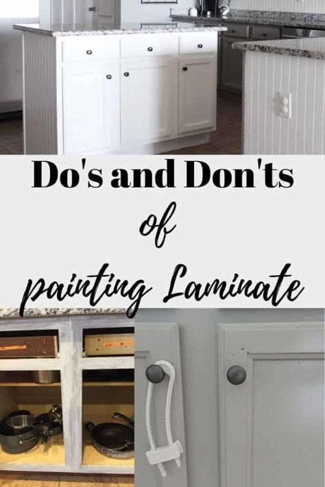 Learn the Do's and Don'ts of painting laminate surfaces and how to paint laminate cabinets and laminate furniture the right way. This is a great post about how to paint laminate IKEA furniture too. #paintinglaminate #howtopaintlaminate Paint Laminate Cabinets, Painting Laminate Kitchen Cabinets, Painting Laminate Cabinets, How To Paint Laminate, Laminate Kitchen Cabinets, Painting Laminate Furniture, Melamine Cabinets, Painting Laminate, Laminate Furniture