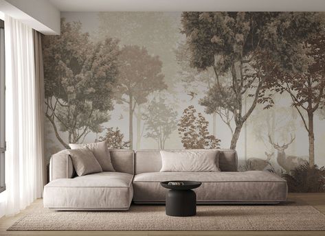 Sepia Forest Wallpaper Mural With Stag Deer Forest, Palm Leaf Wallpaper, Floor Wallpaper, Wall Painting Decor, Painting Decor, Lines Wallpaper, Forest Wallpaper, Tree Wallpaper, Luxury Paper