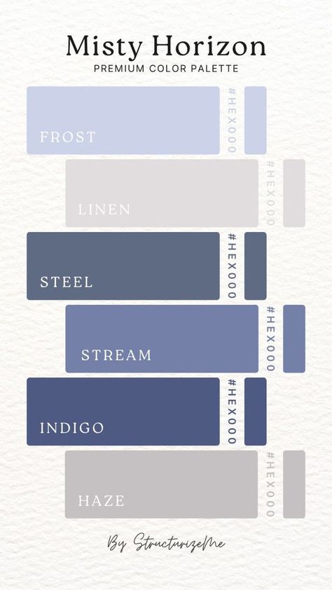 Craft chic and stylish designs with our elegant color palette. This palette features a mix of frost, linen beige, steel blue, stream blue, indigo, and haze grey, perfect for creating a contemporary and refined look. Ideal for branding, weddings, events, or any project seeking to convey sophistication and elegance. Use these colors to bring a touch of chic sophistication to your designs. Indigo Pallete, Blue And Grey Palette, Steel Blue Color Palette, Blue Palette Colour Schemes, Blue Pallet Color, Blue Grey Color Palette, Grey Blue Color Palette, Color Scheme Beige, Indigo Color Palette