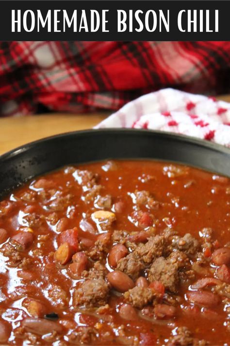 • Simple At Home Bison Chili Crockpot, Filling Soups, Bison Chili Recipe, Bison Chili, Bison Recipes, Ground Bison, Bison Meat, Bison Burgers, Native American Food