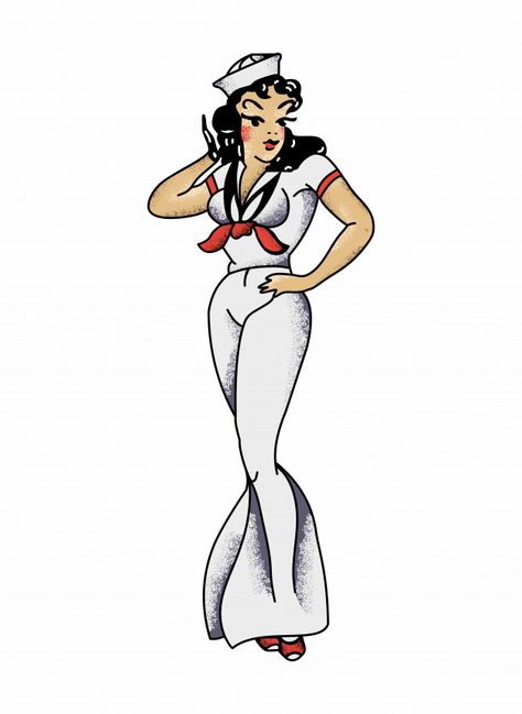 Sailor Lady Tattoo, Navy Pin Up Girl Tattoo, Sailor Woman Tattoo, Sailor Pinup Tattoo, Sailor Jerry Pinup, 50s Tattoo, Sailor Girl Tattoo, Sailor Woman, Coloured Tattoos