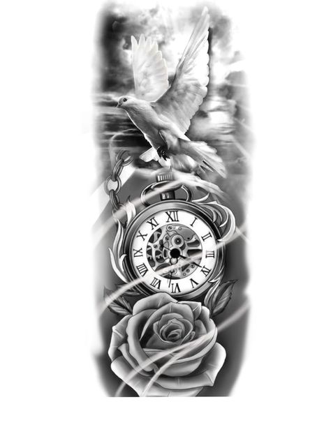 Clock Rose Bird Tattoo Design, Rose Watch Tattoo Design, Birth Tattoos, Baby Hand Tattoo, Clock Tattoo Sleeve, Flower Cover Up Tattoos, Clock And Rose Tattoo, Black Dragon Tattoo, Watch Tattoo Design