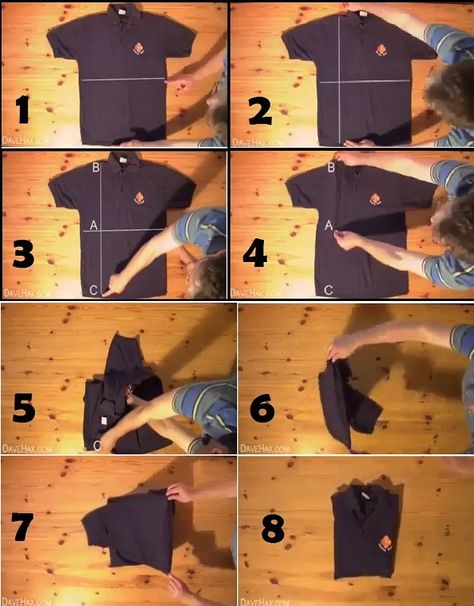 FOLD A T-SHIRT IN 2 SECONDS.  This technique really works.  You can do this.  It makes folding short-sleeved and sleeveless tops a breeze.  Save time folding your laundry. Watch this short video or look at photos of the easy steps. Folding Tee Shirts, Fold Tshirts, Shirt Folding Trick, T Shirt Folding, Shirt Hacks, Shirt Folding, Folding Laundry, How To Fold, Diy Clothes Life Hacks