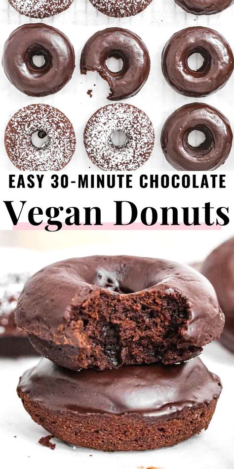 Our chocolate-glazed donuts are so easy, fun, adorable, and delicious that you'll want to make them every day!This is an oven-baked, no-yeast cake donut recipe, one you can make with little effort, simple ingredients, and less than 30 minutes. Vegan Cake Donuts Baked, Easy Vegan Donuts Baked, Vegan Chocolate Donuts Baked, Vegan Chocolate Donut Recipe, Paleo Donut Recipe Baked, Vegan Baked Goods Easy, Easy Vegan Donut Recipe, Vegan Mini Donut Recipe, Yeast Free Donut Recipe