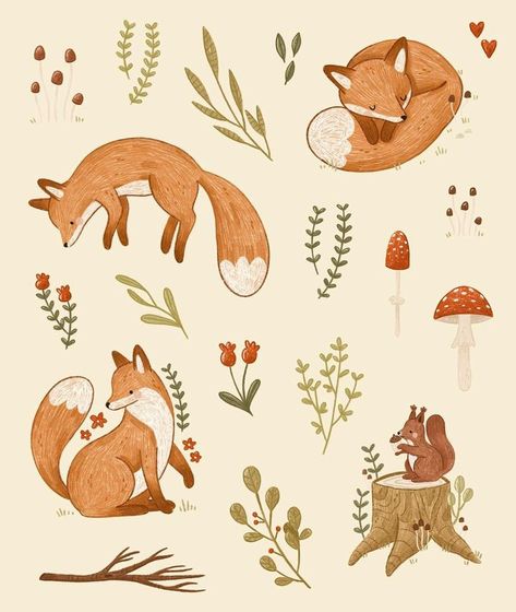 Autumn Prints, Woodland Illustration, Fox Drawing, Autumn Illustration, Fox Illustration, Coloring Inspiration, Creature Drawings, Illustration Watercolor, Colouring Book