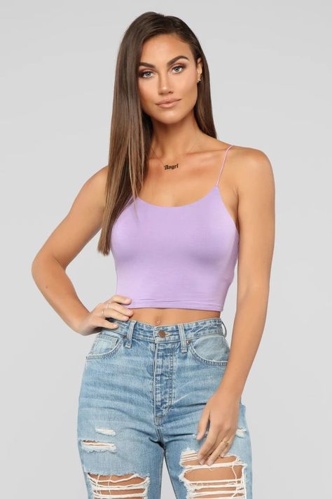 21fe5b8ba755eeaece7a450849876228desc49568909ri Lavender Crop Top Outfit, Purple Tank Top Outfit, Light Purple Crop Top, Monochrome Photoshoot, Purple Top Outfit, Winx Aesthetic, Purple Clothing, Purple Outfit, Purple Crop Top