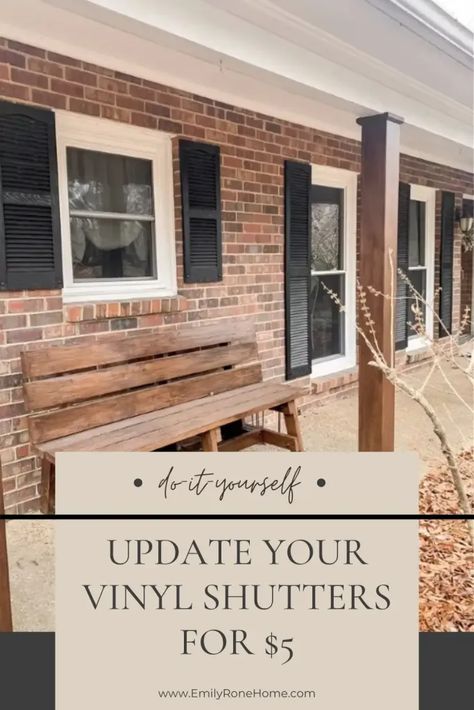 How To Update your Exterior: Paint Vinyl Shutters for $20 • Emily Rone Home Painting Outdoor Shutters, Changing Shutters On House, Shutter Makeover Exterior, Painting Vinyl Shutters On House, Painting Shutters Vinyl, New Shutters Before And After, Removing Shutters From Vinyl Siding, How To Update Exterior Of House, Painted Shutters On Brick House