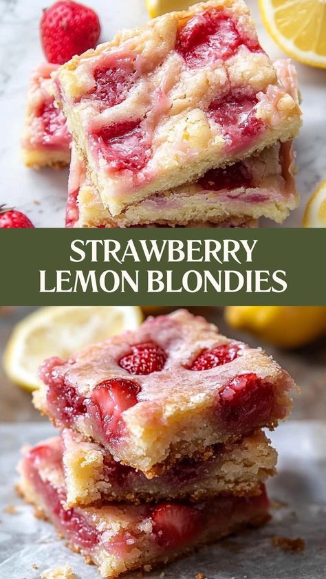 Sweet strawberries meet tart lemon in these Strawberry Lemon Blondies—your new go-to treat! 🍓🍋 #SweetAndTart #BlondieLove #FreshFlavors #LemonTreats #BerryDelight #DessertGoals #CitrusMagic #SpringBaking #DeliciouslySweet #BakingJoy 🍓✨ Strawberry Lemon Blondies, Lemon Blondies, Lemon Treats, Spring Baking, Summer Brunch, Strawberry Lemon, Strawberry Puree, A Rainy Day, Perfect Desserts