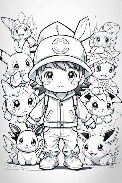 Art Pour Les Pages De Livre De Coloriage... | Premium Photo #Freepik #photo #chibi #art-ligne #illustration-pour-enfants #conception-mascotte Chibi Art, Premium Photo, Anime Chibi, Pokemon, Illustrations, Art, Pokémon