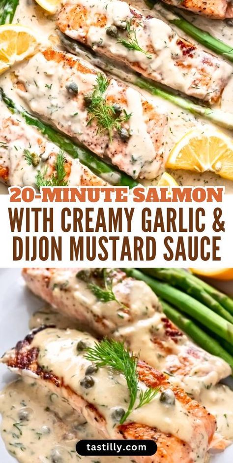 20 minutes is all you need to prepare this gourmet-style Salmon filet with Creamy Garlic Dijon Sauce. Dijon Caper Sauce, Creamy Dijon Salmon, Dill Mustard Salmon, Healthy Salmon Sauce, Salmon Recipes Cream Sauce, Lemon Cream Sauce For Salmon, Salmon Recipes Baked Dijon Mustard, Salmon Dressing Sauce, Salmon Dijon Mustard Recipes