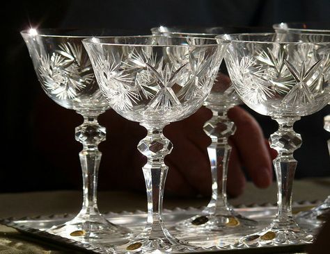 Prague Bohemian Glass (or Bohemian Crystals) (CzechRepublic ... Champagne Saucers, Pagan Symbols, Drink Glasses, Vintage Wine Glasses, Bohemia Crystal, Bohemian Crystal, Crystal Champagne, Dot Dot, Crystal Glassware