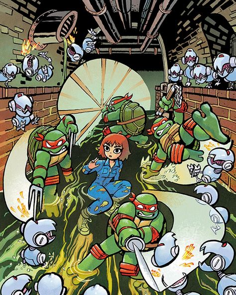 Bryan Lee O'Malley (@radiomaru) on Instagram: "#TMNT #2 variant cover for the 40th anniversary, color by @nathanfairbairn 💚 for @justinishmael @bottleneckgallery @idwpublishing available in limited quantities from bottleneck gallery! " Kim Pine, Bryan Lee O Malley, Scott Pilgrim Comic, Bryan Lee, Scott Pilgrim Vs. The World, Tmnt Artwork, Tmnt Turtles, Pop Culture Art, Smart Auto