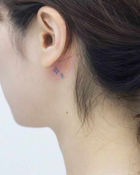 Tiny minimalistic blue stars tattoo placed behind the Stars Tattoo, Astronomy Stars, Blue Stars, Little Tattoos, Star Tattoos, The Ear, Minimalist Tattoo, Style Minimalist, Blue Ink