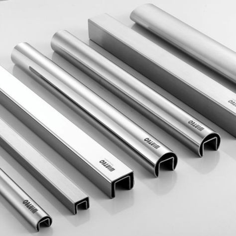 Stainless Steel Slot Tubes with U-Rubbers Stainless Steel Handrail Design, Stair Railing Metal, Glass Stair Railing, Railing Stainless Steel, Stainless Steel Stair Railing, Glass Stair, Stainless Steel Balustrade, Glass Handrail, Balustrade Design