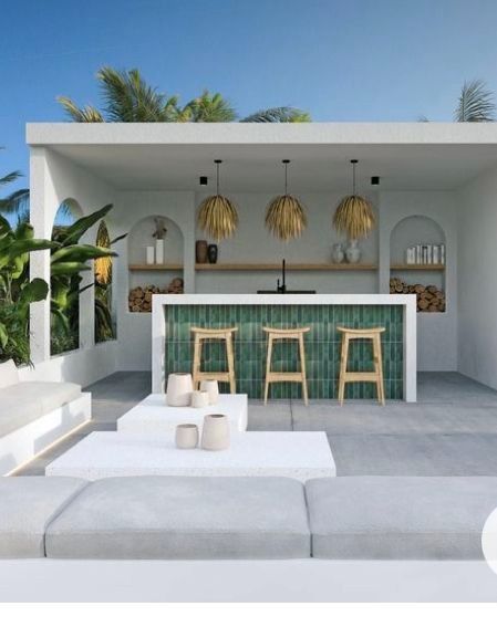 Open Kitchen Tropical, Beach House Open Kitchen, Modern Mediterranean Pool Landscape, Bali Style Outdoor Area, Open Rooftop Ideas, Bali Pool Design, Bali Outdoor Kitchen, Outdoor Tropical Kitchen, Outdoor Kitchen Near Pool