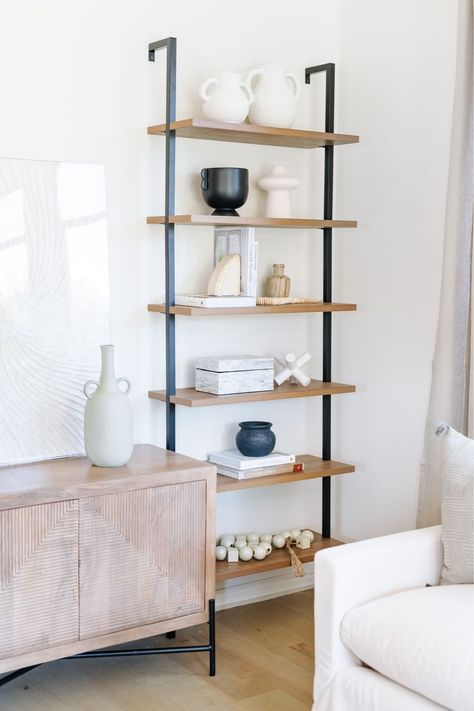 Walmart Shelves, White Slipcover Sofa, White Slipcovers, Target Inspired Home Decor, Bookcase Wood, Wall Mounted Bookshelves, Living Room Reveal, Ladder Bookshelf, Entry Decor