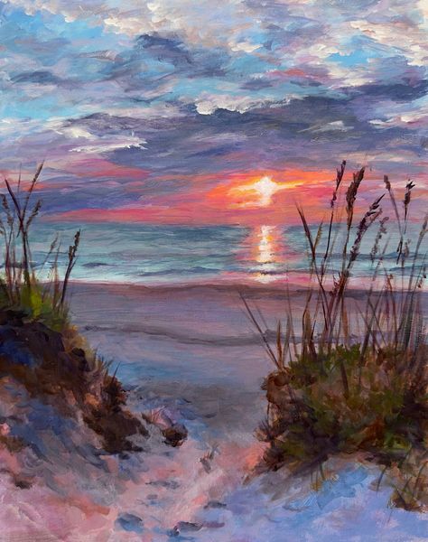 11x14 inch, Giclee Print of my ORIGINAL acrylic painting. Printed on archival fine art paper. Shipped with backing board for ease of framing. Beach And Sunset Painting, Sunset Over The Ocean Painting, Landscape Ideas Painting Oil On Canvas, Coastal Painting Ideas, Landscape Art Painting Acrylic, Beach Acrylic Painting Easy, Easy Ocean Painting, Simple Beach Painting, Beach Painting Sunset