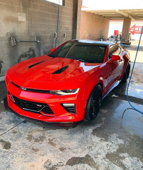 Red Chevrolet, Red Camaro Wallpaper, Red Camaro Aesthetic, Red Camaro, Red Camaro Convertible, 2010 Camaro Ss, Chevy Ss, Black Hood, Camaro Zl1