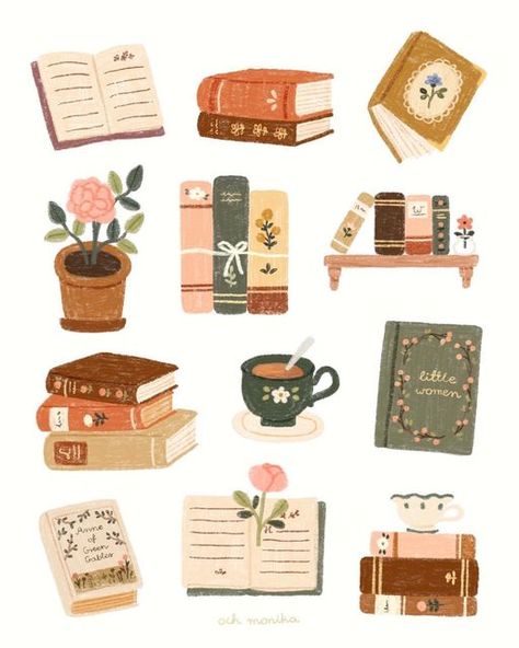 Cozy Bookish Aesthetic, Stickers About Books, Cute Book Illustration, Stickers Illustration Ideas, Sticker Sheets Ideas, Book Cute Drawing, Sticker Sheet Design, Book Store Illustration, Sticker Sheet Ideas