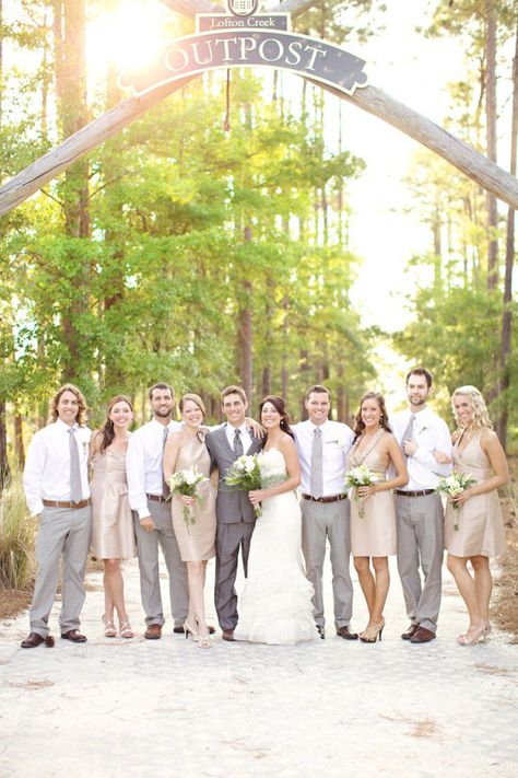 I love the champagne color for an early summer, outdoor wedding.  And I still think it would go good with your mom's navy dress Ashlyn.  Just a thought! Beige Bridesmaid Dress Champagne, Navy Bridal Parties, Beige Bridesmaid Dress, Beige Bridesmaids, Groomsmen Grey, Bridal Party Attire, Champagne Bridesmaid Dresses, Wedding Dress Champagne, Summer Wedding Colors