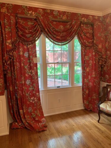 Maroon Curtains, Country Valances, Toile Curtains, Victorian Windows, Balloon Valance, Painted Curtains, Red Toile, Flower Curtain, Country Curtains