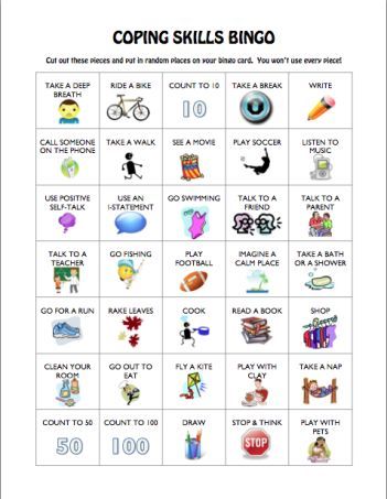 coping skills bingo- practice each and talk about which ones are best for each client Coping Skills Bingo, Coping Skills Activities, Recreation Therapy, Social Skills Groups, Therapy Games, School Social Work, Therapeutic Activities, Counseling Activities, Child Therapy