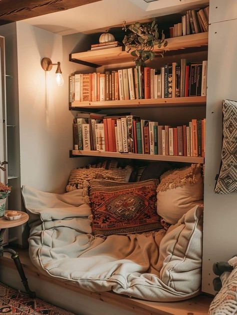 Comfy Book Nook, Closet Converted To Reading Nook, Small Reading Space Ideas, Book Self Aesthetic, Cosy Nook Ideas, Turning Closet Into Reading Nook, Alcove Reading Nook, Beanbag Reading Nook, Cute Reading Corners