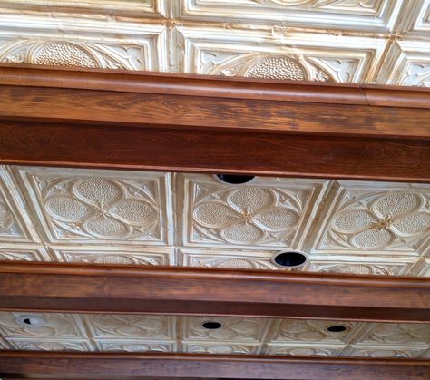 Kitchen With Ceiling Tiles, Tin Ceiling Tiles With Wood Beams, Copper Tin Ceiling Kitchen, Kitchen Ceiling Tiles, White Tin Ceiling Tiles, Tin Ceiling Kitchen, Interior Beams, Beam In Kitchen, Vintage Tin Tiles