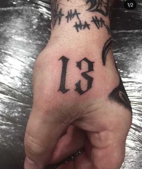 Instagram: blackomenstattooist #13tattoo #fridaythe13th #handtattoo 13 Hand Tattoo, 13 Tattoo Ideas, Knuckles Tattoo, Tattoo Mafia, Fonts Tattoo, 13 Tattoo, Tattoos Instagram, Knuckle Tattoos, 13 Tattoos