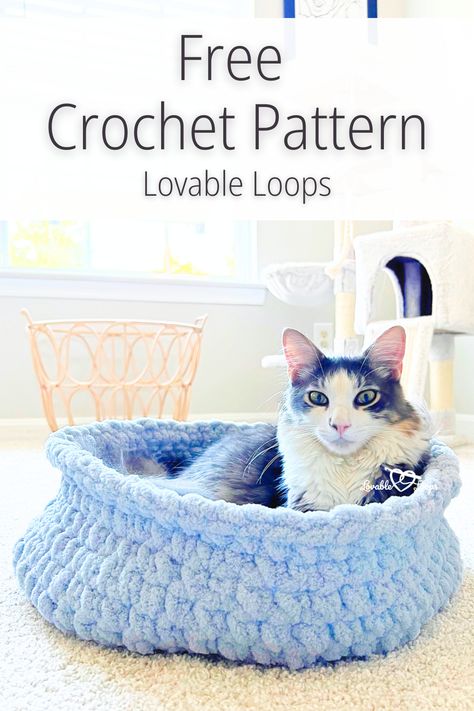 Cozy Cloud Crochet Bed for Cat - Free and easy beginner-friendly pattern using jumbo yarn. Quick DIY project to make a snug hideaway for pets. Hand Knit Cat Bed Diy, Loop Yarn Cat Bed, Crochet Chunky Cat Bed, Easy Crochet Cat Bed, Crochet Cat Basket Free Pattern, Knit Cat Bed Free Pattern, Crochet Cat Bed Free Pattern Easy, Crochet Cat Bed Caves Free Pattern, Cat Bed Crochet Pattern Free