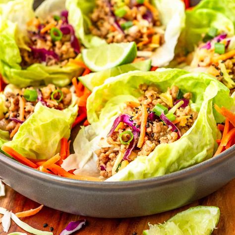 Easy Asian Ground Pork Lettuce Wraps - Unsophisticook Pork Lettuce Wraps Asian, Asian Ground Pork, Ground Pork Lettuce Wraps, Lettuce Wraps Recipe, Asian Lettuce Wraps, Pork Wraps, Pork Lettuce Wraps, Asian Pork, Lettuce Wrap Recipes